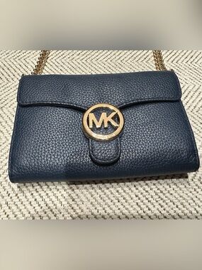 Michael Kors Navy Pebbled Leather Crossbody Wallet with Gold MK Emblem